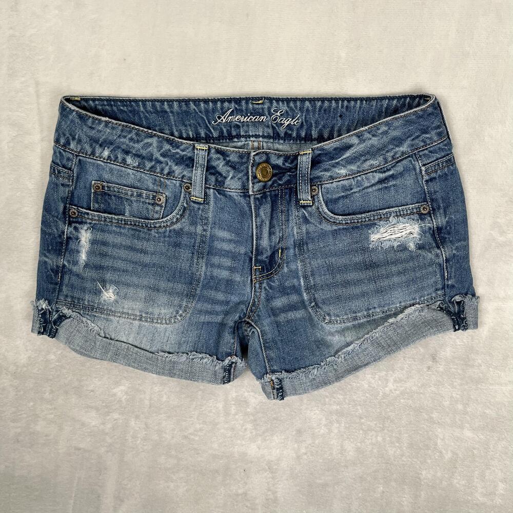 American Eagle Shorts Womens 6 Blue Denim Cutoff Cuffed Distressed Casual Summer